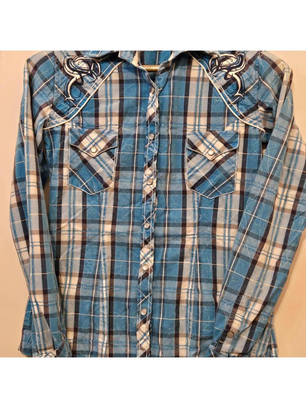 Panhandle Blue Plaid Embroidered Western Pearl Snap Shirt